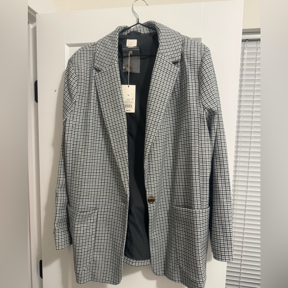 Black, White, light blue  Checkered Blazer